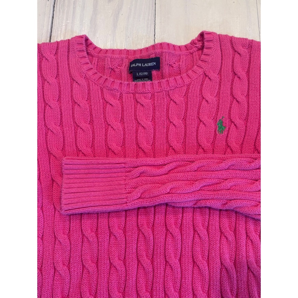Ralph Lauren Girls Pink Cable Knit Cotton Sweater Green Pony Logo  L 12/14 Peppy